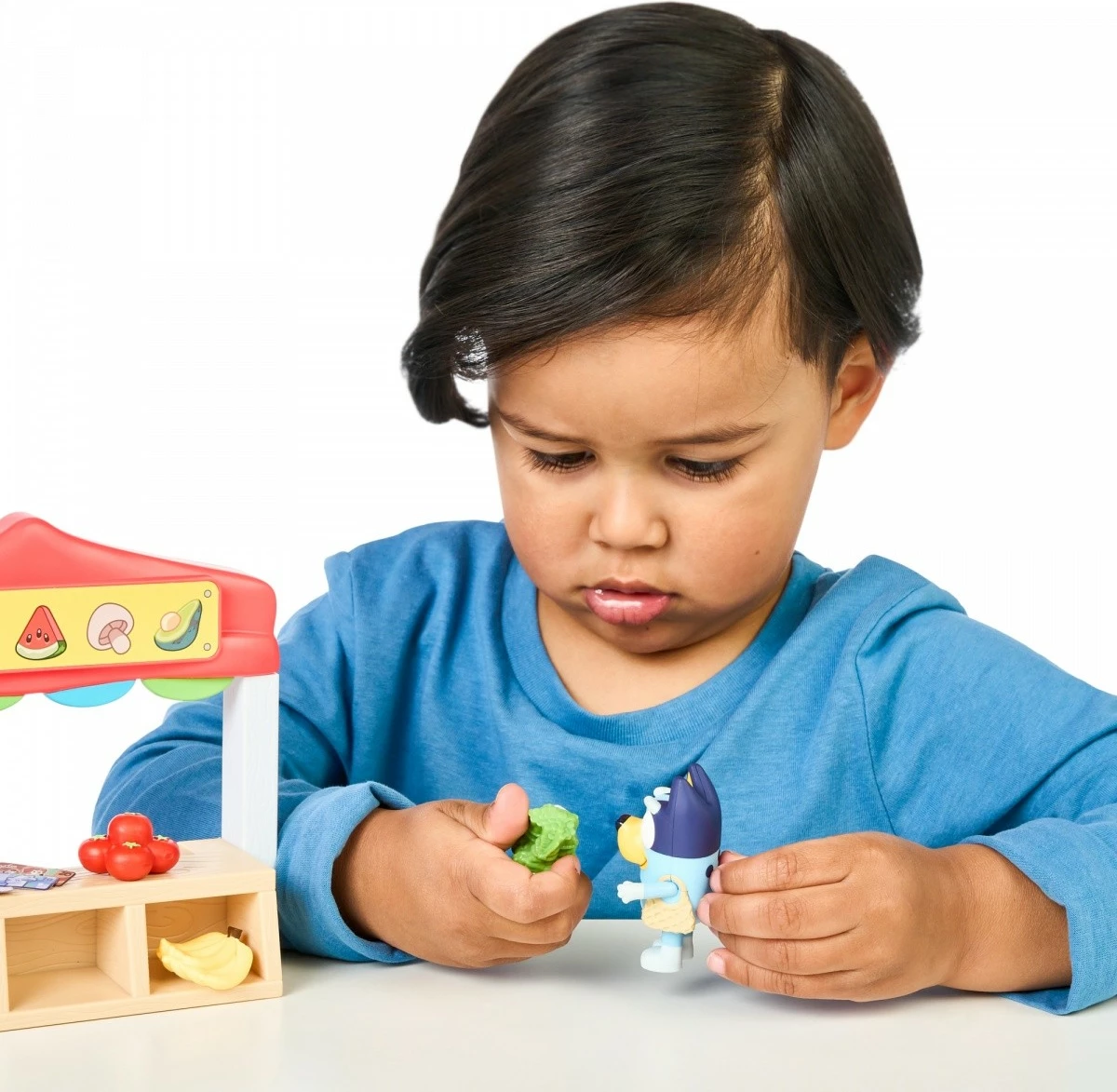 Set figurina Bluey Mini, Tm Toys BLU17555, me stendë tregu dhe aksesorë, shumëngjyrësh