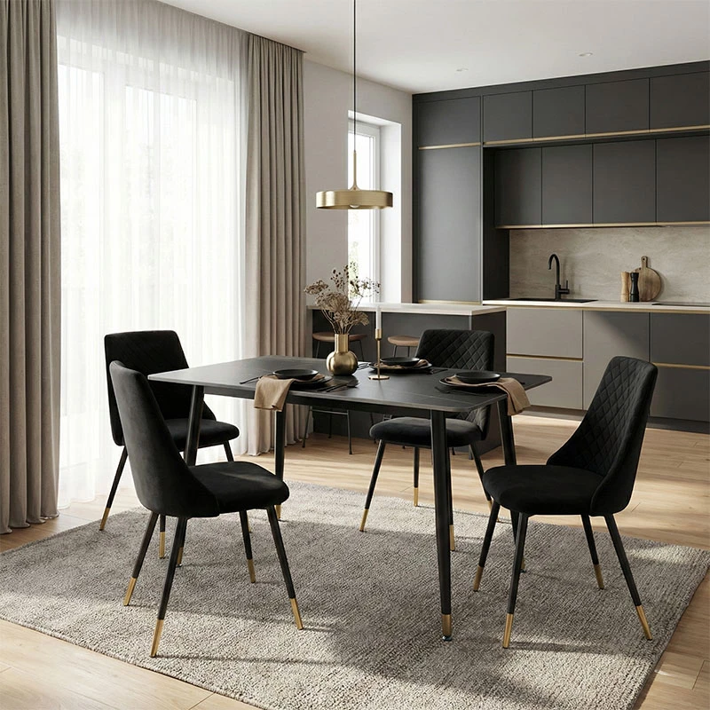 Tavolinë ngrënieje Pembe, sipërfaqe mermeri e zezë, këmbë metalike të zeza, 140x80x75cm