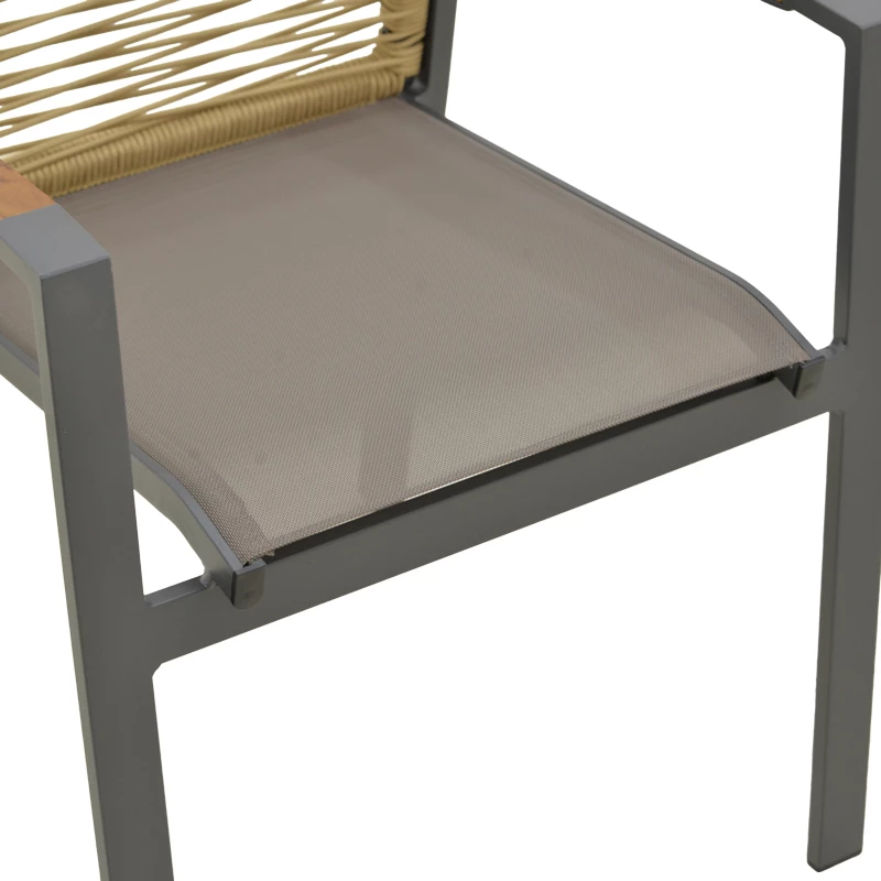 Karrige me krahë Aegean, alumini anthracite, litar natyral, doreza teak, 57x64x87cm