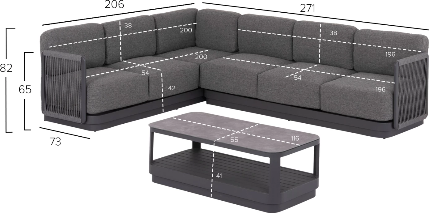 Set këndi për jashtë, 3 pjesë, seria ELYSIA, alumin i hirtë i errët, litar, material tekstili, CD6187.01