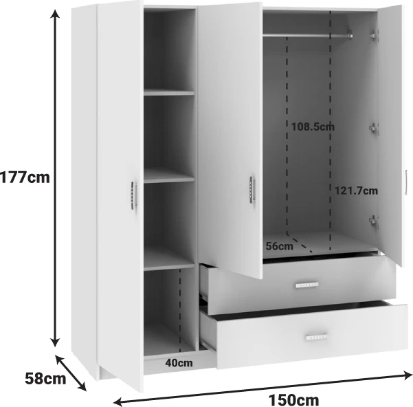 Dollap trekanatëshe Royal, ngjyrë e bardhë, 150x58x177cm