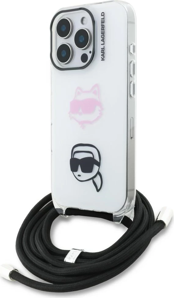 Mbështjellës Karl Lagerfeld IML Crossbody Karl&Choupette Head për iPhone 16 Pro, me litar (crossbody), hardcase TPU/PC, i bardhë