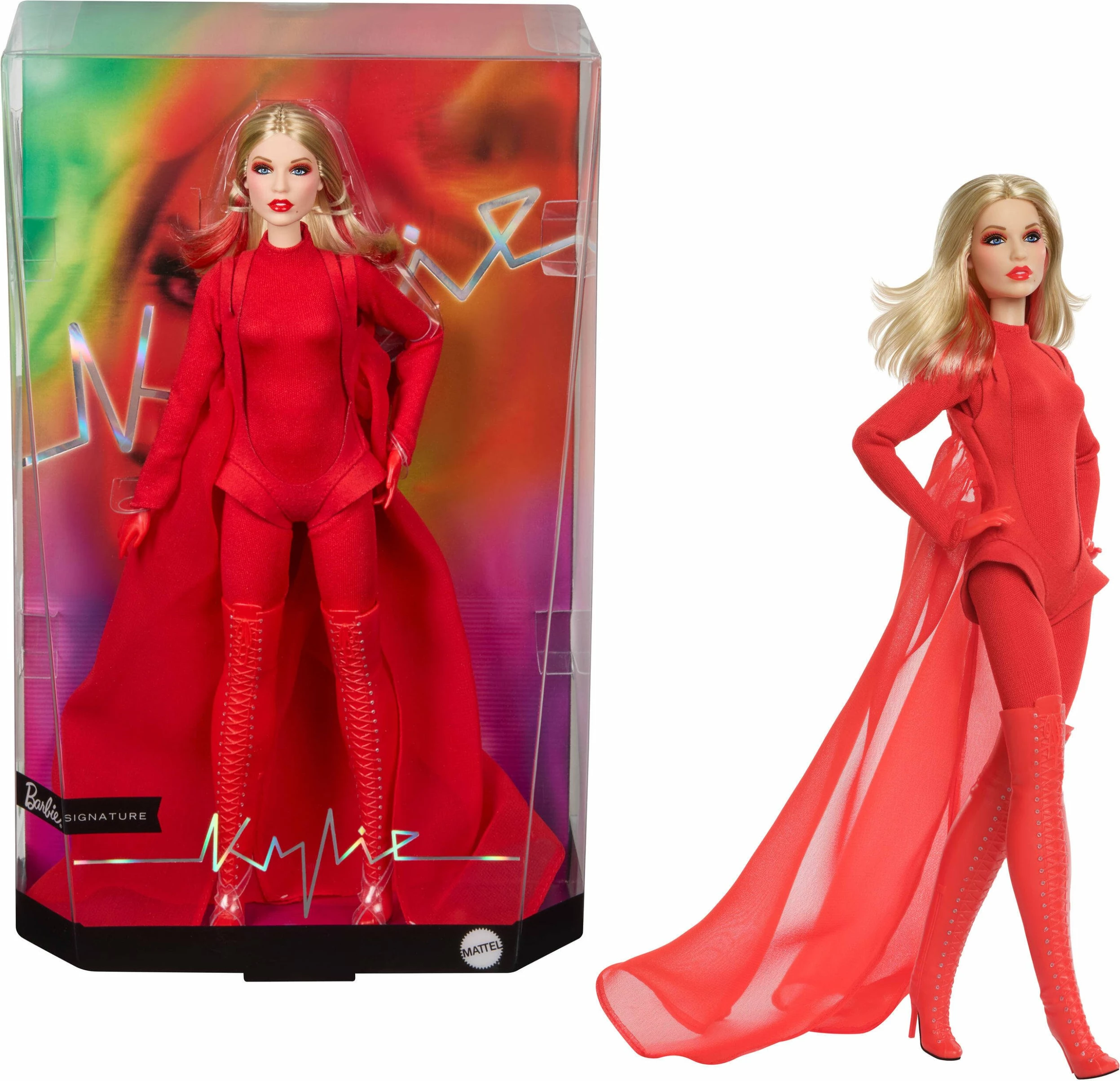 Kukull Barbie Mattel Signature Kylie Minogue JBJ38 koleksionuese, e kuqe, set 1 copë (me mbajtëse dhe certifikatë)