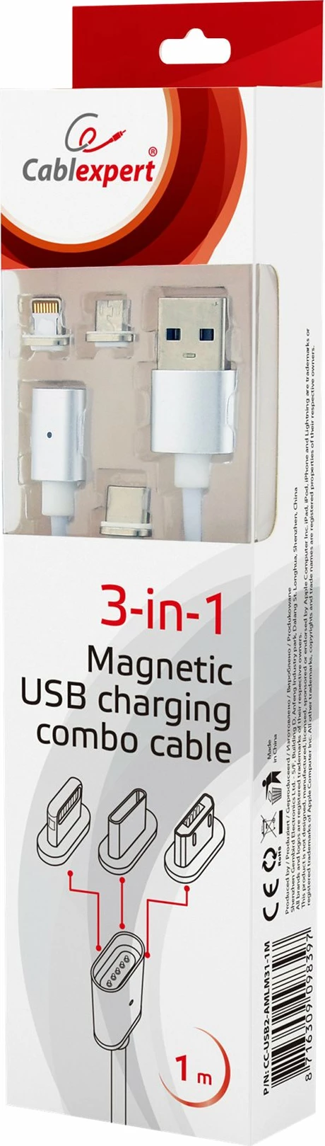 Kabllo magnetik USB 3-në-1 Gembird CC-USB2-AMLM31-1M, 1m, argjendtë