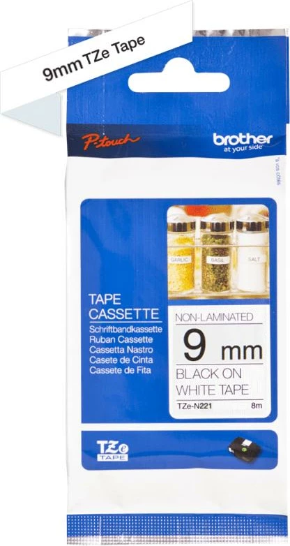 Kasetë shiriti etiketimi Brother TZe-N221 9 mm jo e laminuar, i zi mbi të bardhë