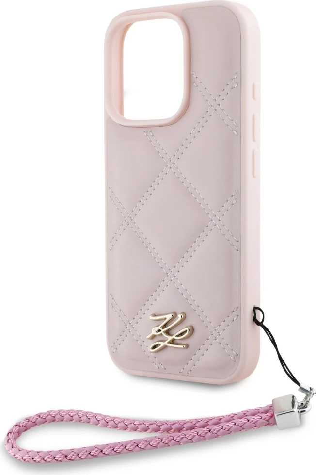 Mbështjellës Karl Lagerfeld Quilted Initial Logo & Chain Strap për iPhone 16 Pro, Rozë
