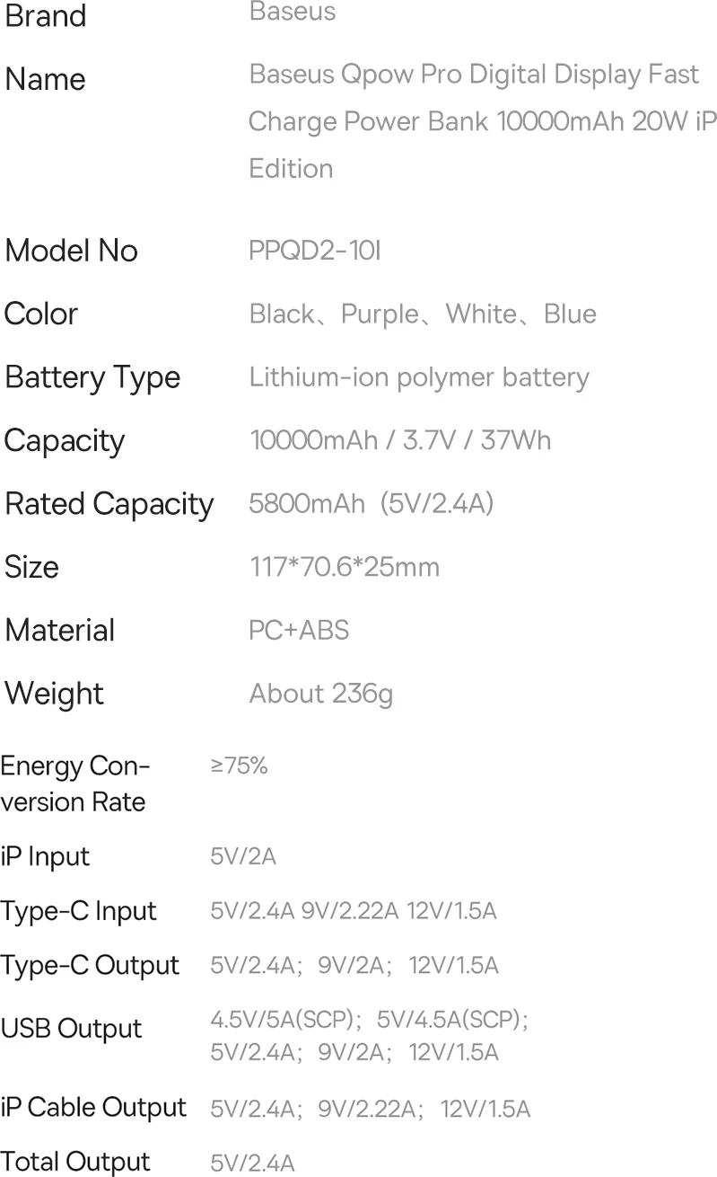 Powerbank Baseus Qpow Pro Overseas Edition 10000mAh, 20W, me kabllo USB-C, e zezë