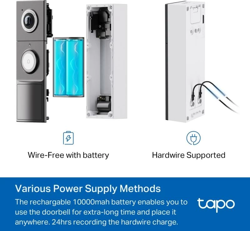 Zilë dere smart me kamerë, TP-Link, Tapo D235, 2K 5MP, 180° fushëpamje, pa tela & me tela, AI detektim, ruajtje lokale & cloud, e zezë