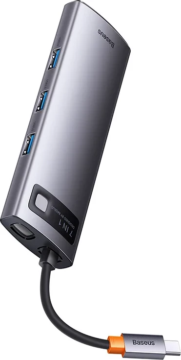 Kasë Baseus Metal Gleam Series 7-in-1, USB-C në 3x USB 3.0, 2x HDMI, USB-C PD, Ethernet RJ45, Gri