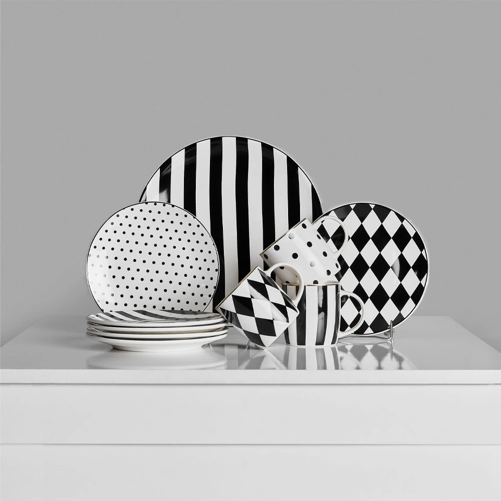 Set pjatash ëmbëlsirash JOLIE, 7 copë, porcelan New Bone China, bardhë e zi, 30x30x3cm