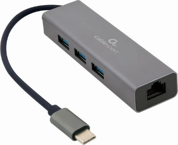 USB hub Gembird A-CMU3-LAN-01 me 3 porta USB 3.1 dhe kartë rrjeti, zi/gri