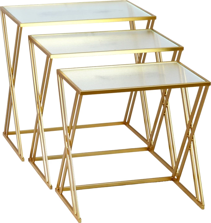 Set tavolinash për kafe, 3 copë, metal-ari, xham