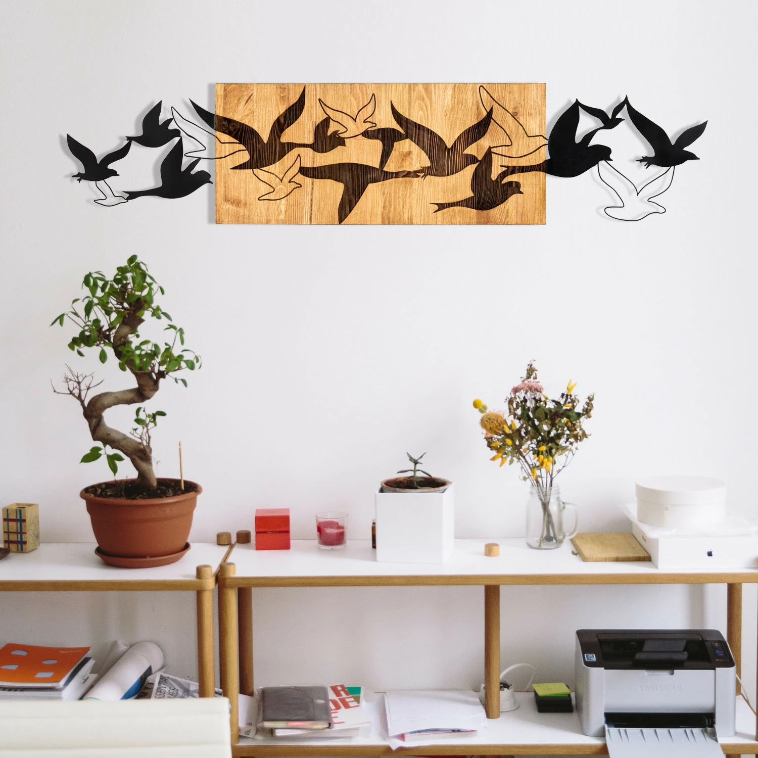 Aksesor dekorativ për mur, dru dhe metal, Wallity Albatros, ngjyrë e zezë dhe arre, 111x25cm