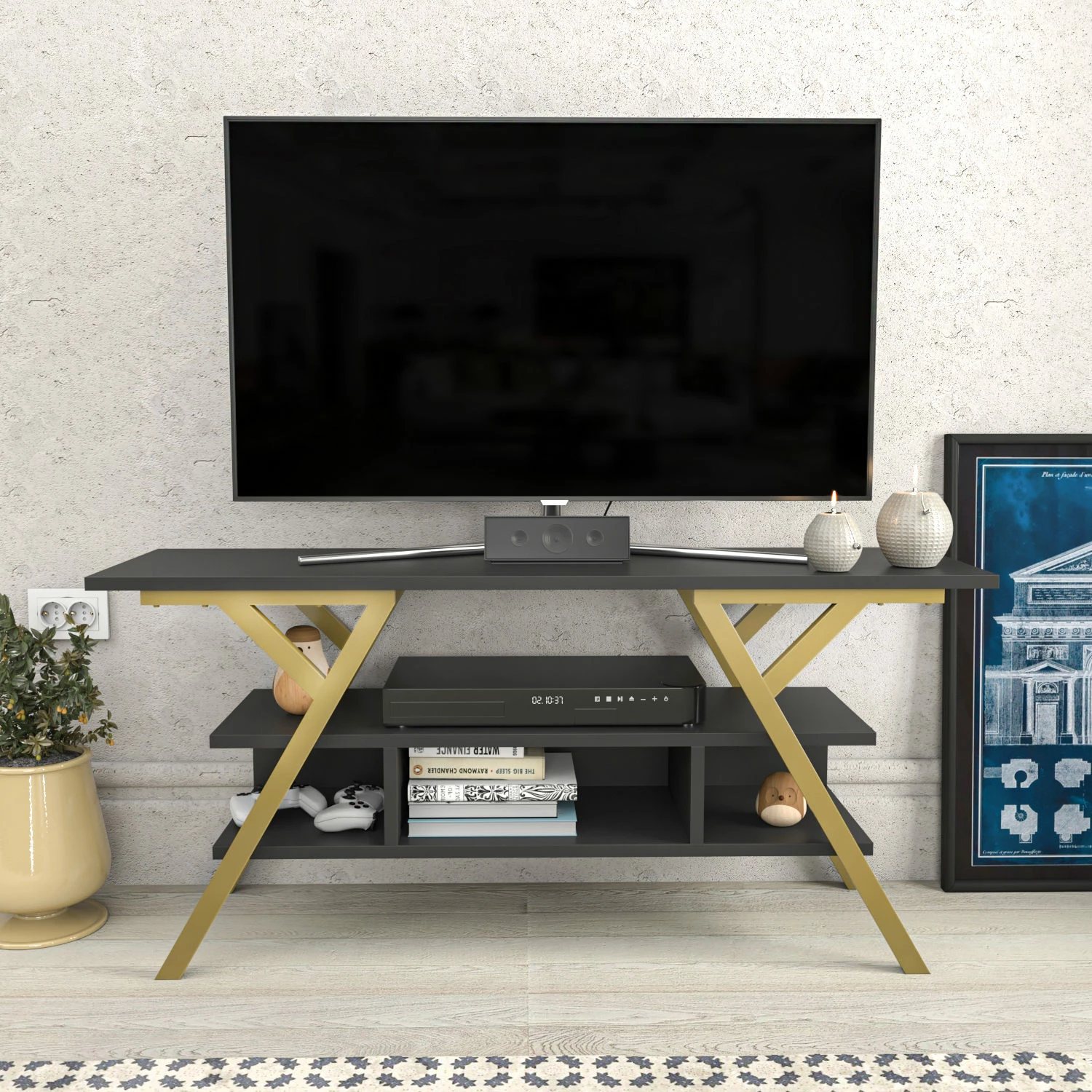 Komodinë TV Skye Decor, ngjyrë ari dhe antracit, Minerva