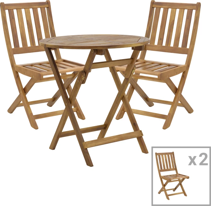 Tavolinë me karrige për terasë, set prej 3 copash, dru akacie, Elijie-Carpuva, D70x74cm