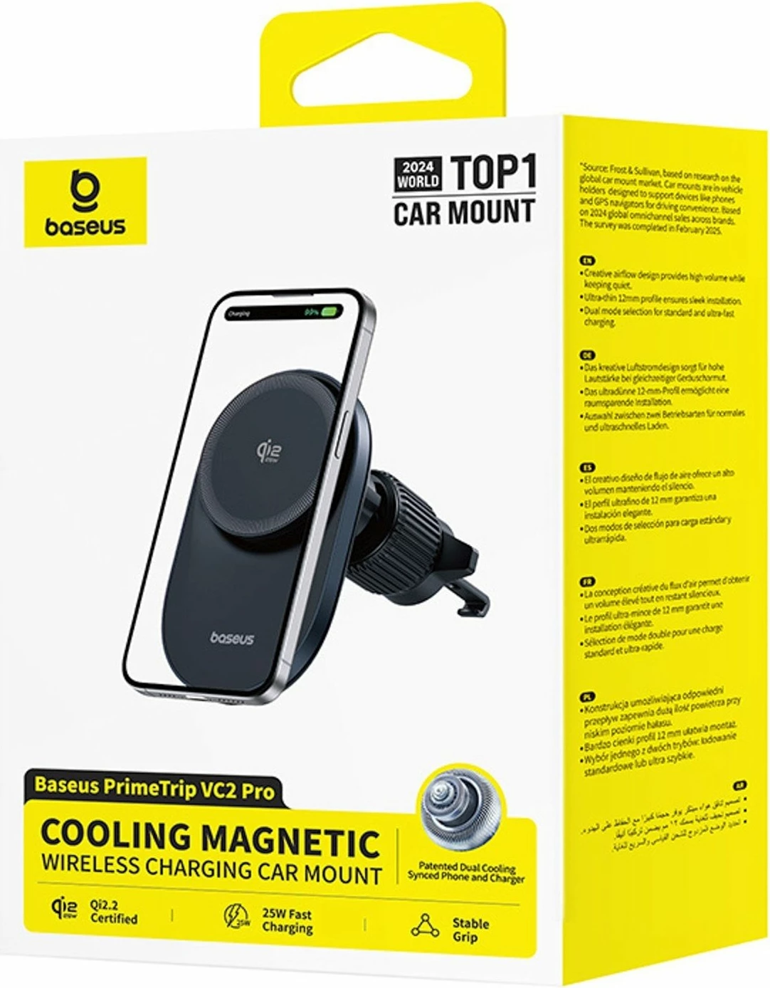 Mbajtës telefoni për veturë Baseus PrimeTrip VC2 Pro, magnetik, montim në grilë ventilimi, karikim wireless Qi2.2 25W, ventilator ftohës, USB-C, i zi, me kabllo USB-C→USB-C