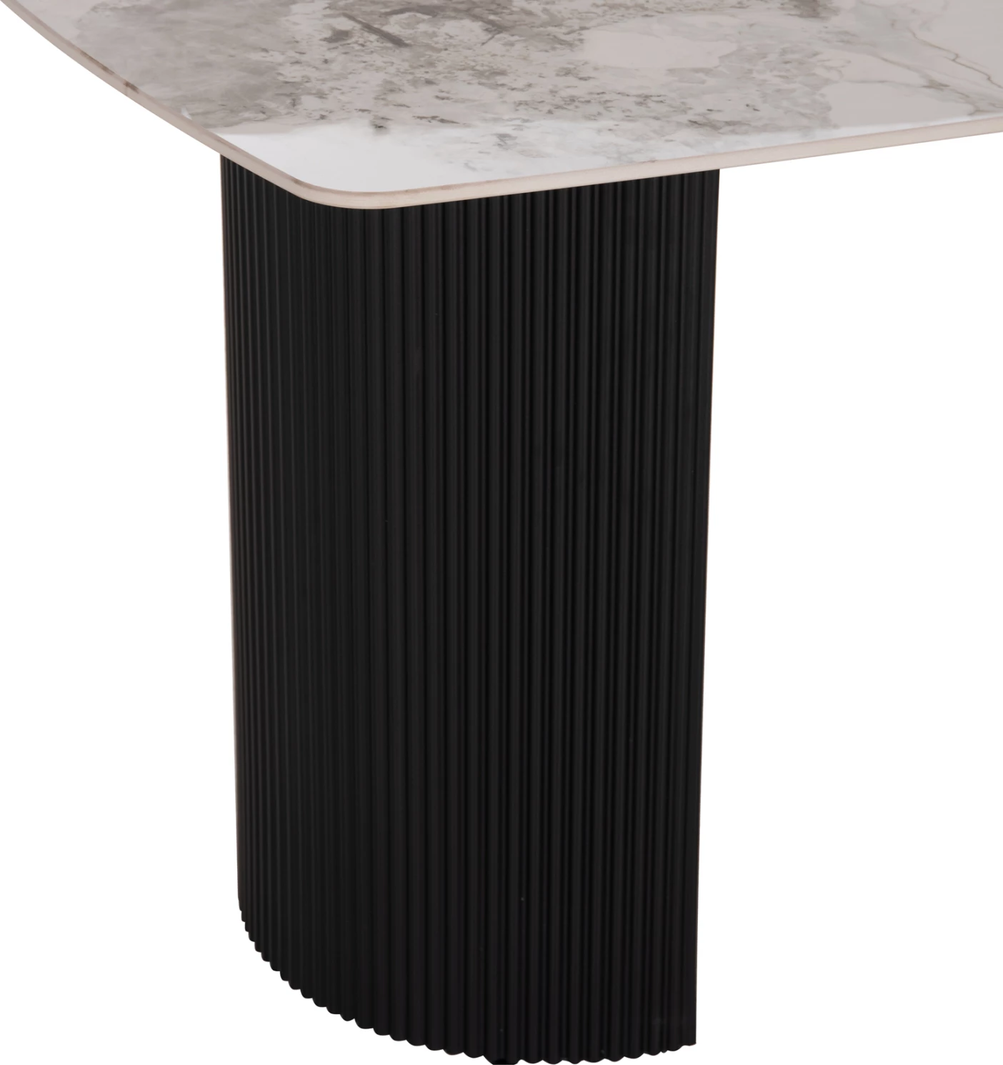 Tavolinë ngrënie Minao, këmbë MDF ngjyrë hiri e errët, sipërfaqe qeramike efekt mermeri e bardhë/kafe, 160x90x75 cm