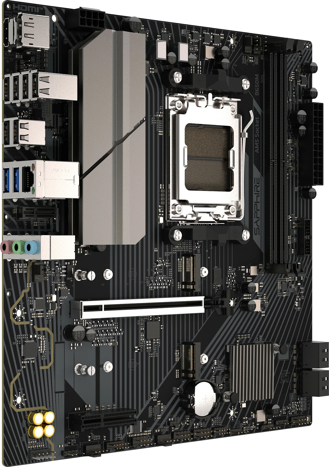 Pllakë amë Sapphire B650M-E, Socket AM5, DDR5 deri 96GB, mATX, 2x M.2 PCIe 5.0/4.0, e zezë/gri
