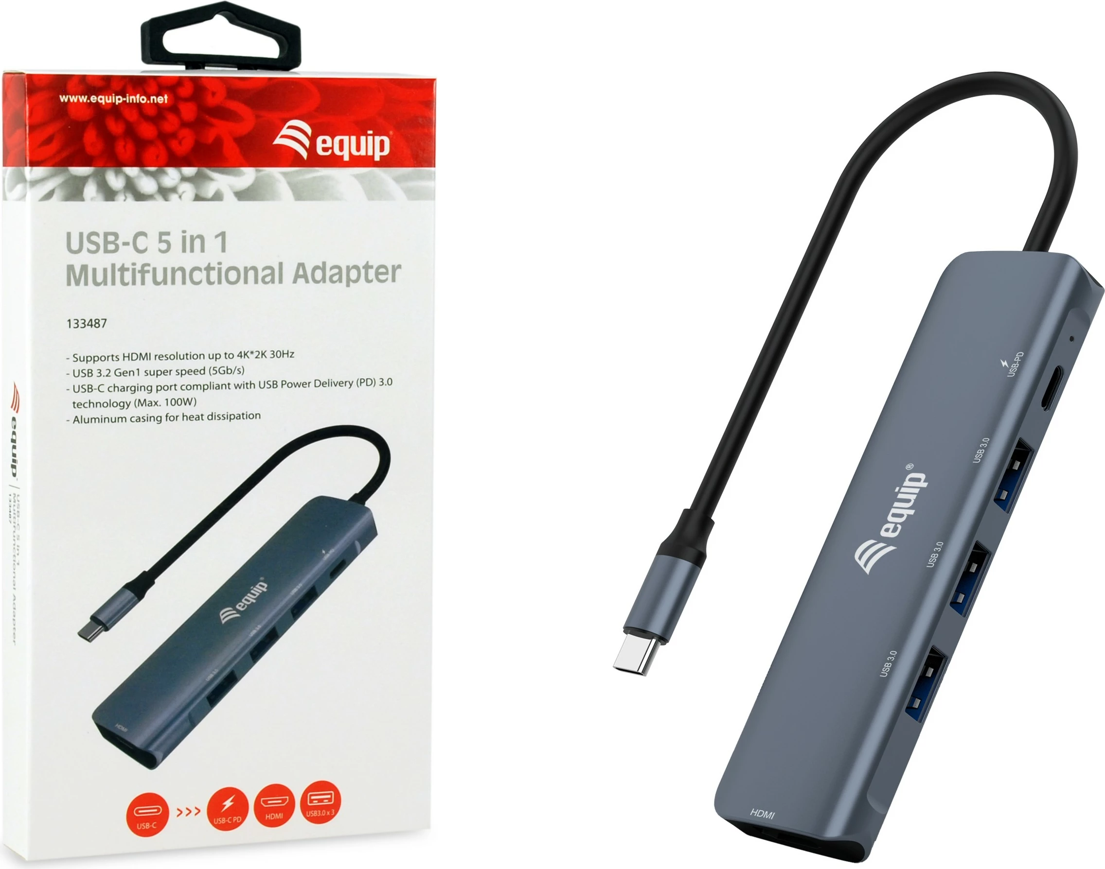 Adapter multifunksional USB-C 5-në-1 Equip, HDMI, USB 3.2 Gen1, 100W PD, alumini, zi/gri