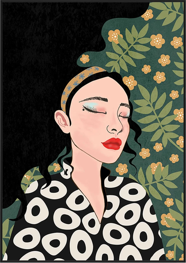 Pikturë dekorative Botanical Lady, shumëngjyrëshe, dru i zi, 50x70x3 cm