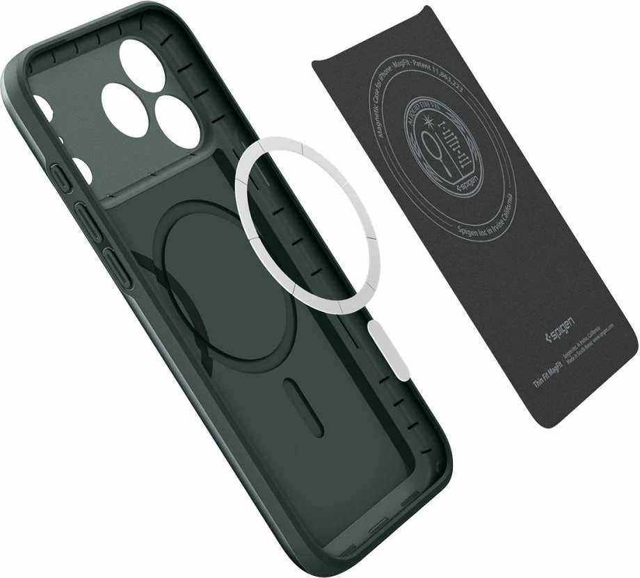 Mbështjellës Spigen Thin Fit MagSafe për iPhone 17 Pro/17 Pro Max, polikarbonat i hollë, unazë magnetike MagSafe, jeshile