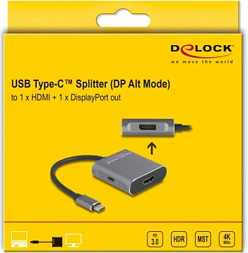 Splitter USB-C DeLOCK, DP Alt Mode, HDMI + DisplayPort, 4K 60Hz, PD 100W, gri