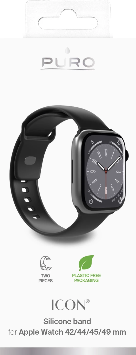 Rrip silikoni për Apple Watch Puro Icon, 42/44/45/49 mm, i zi, set prej 2 copë
