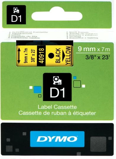 Shirit etiketimi Dymo D1 40918 9 mm x 7 m, tekst i zi në të verdhë (S0720730)