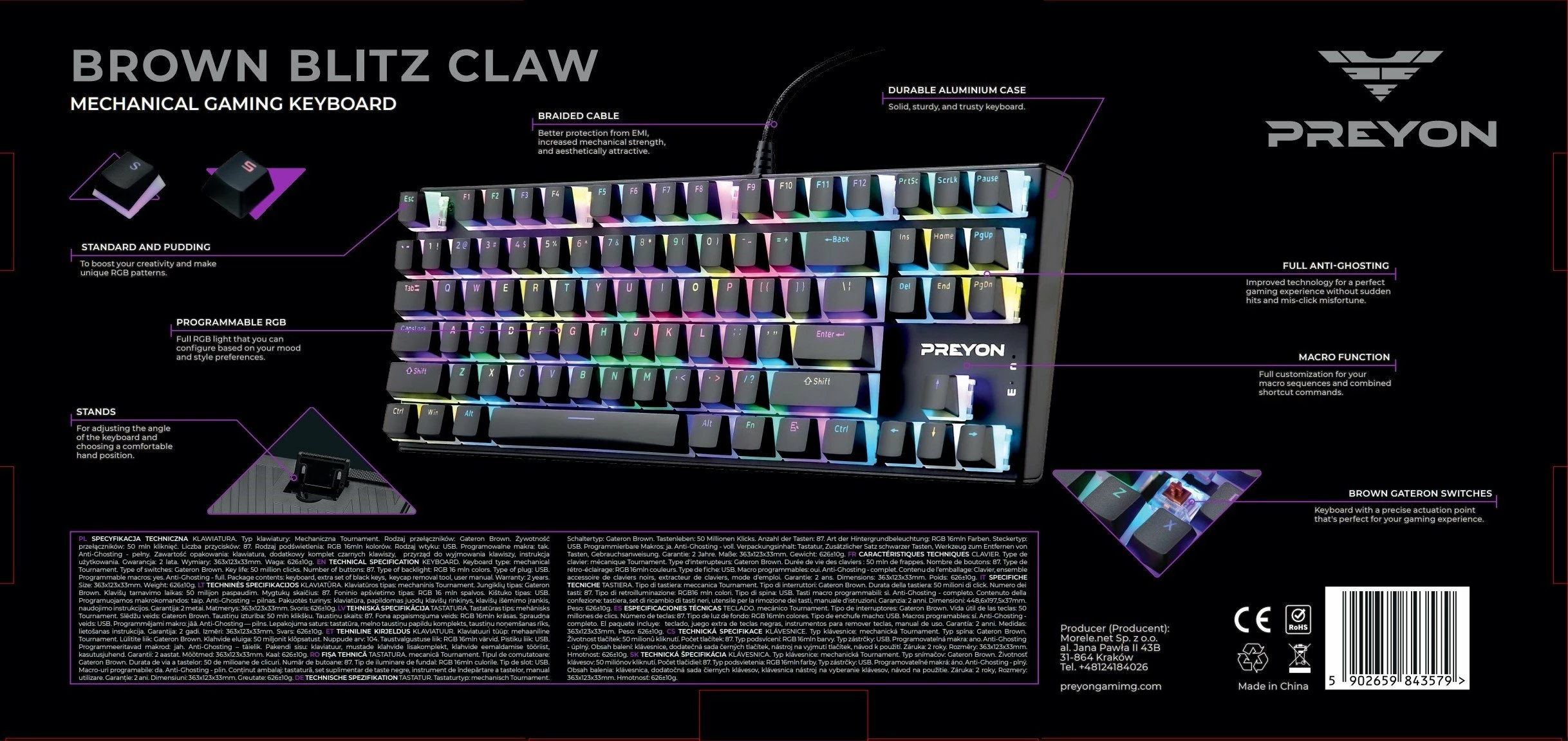 Tastierë mekanike PREYON Brown Blitz Claw PBRBC87B, TKL 80%, Gateron Brown, RGB, USB, US layout, e zezë