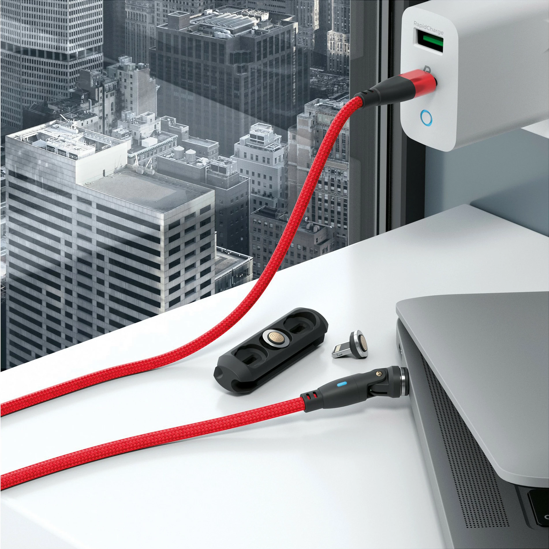 Kablë karikimi magnetik RealPower MagneticCharge 100, USB-C, 1 m, PD 100 W, e kuqe