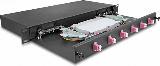 Kuti splice fibër optike DeLOCK 19" 1U, 6x LC Duplex OM4, metal, e zezë