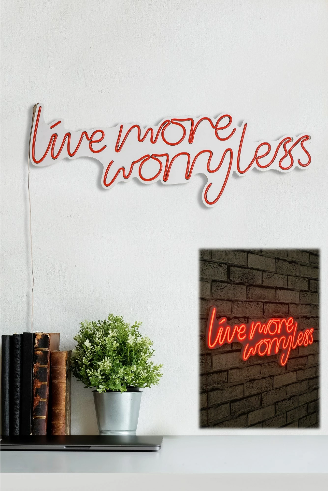 Dekor dritash LED plastike, 'Live More Worry Less', ngjyrë e kuqe