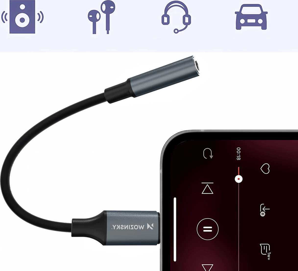Adapter audio Lightning në 3.5 mm mini jack, Wozinsky, WALJ-01, alumini + TPE/nylon, HiFi, kompatibil me iPhone/iPad, zi