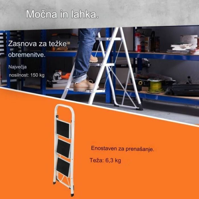 Shkallë palosëse çeliku 3-shkallëshe VONHAUS 3515105, kapacitet 150 kg, e bardhë