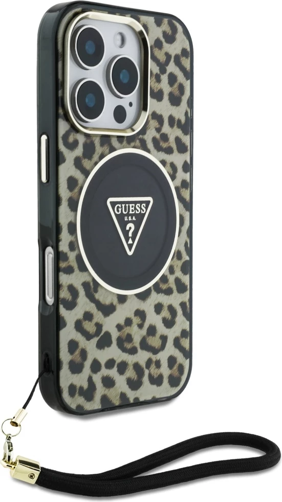 Mbështjellës Guess HC IML Leopard Triangle Cord Strap për iPhone 16 Pro Max, MagSafe, Kafe