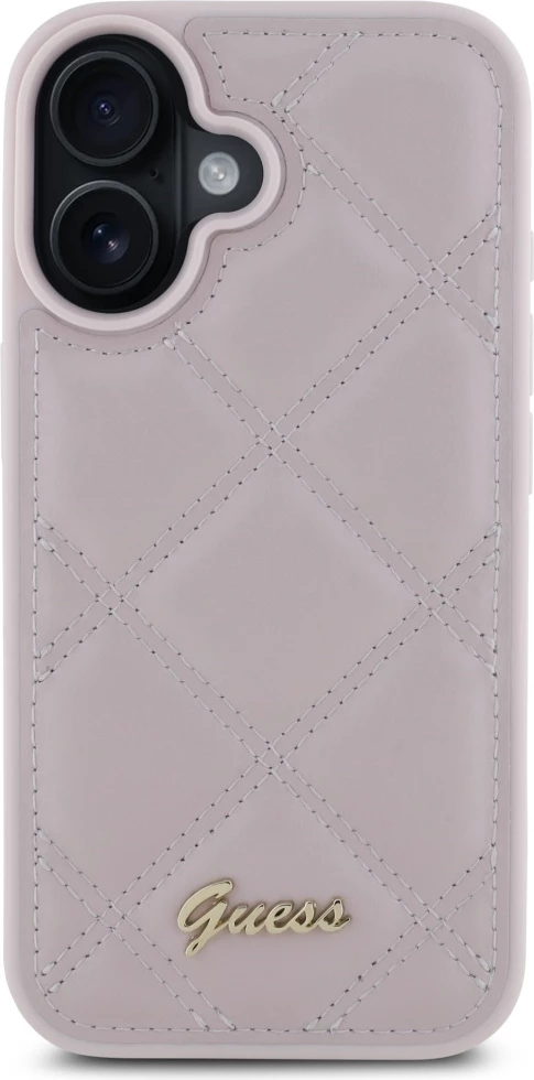 Mbështjellës Guess Quilted Metal Logo për iPhone 16, Rozë