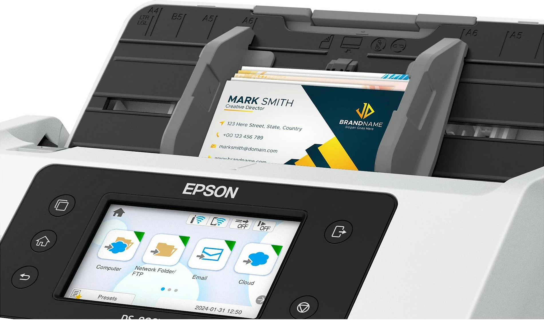 Skaner Epson WorkForce DS-800WN, A4/A3, Wi‑Fi/Ethernet, ADF 100 fletë, 50 ppm / 100 ipm, touchscreen, bardhë