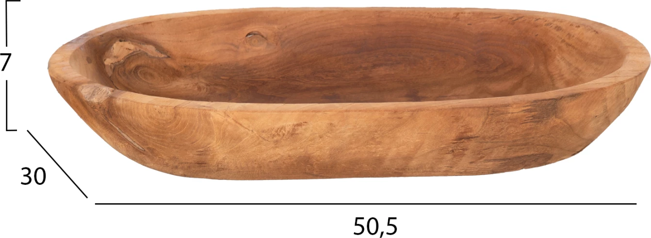 Enë ovale dekorative, dru teak i ricikluar, ngjyrë natyrale, 55x30x7H cm