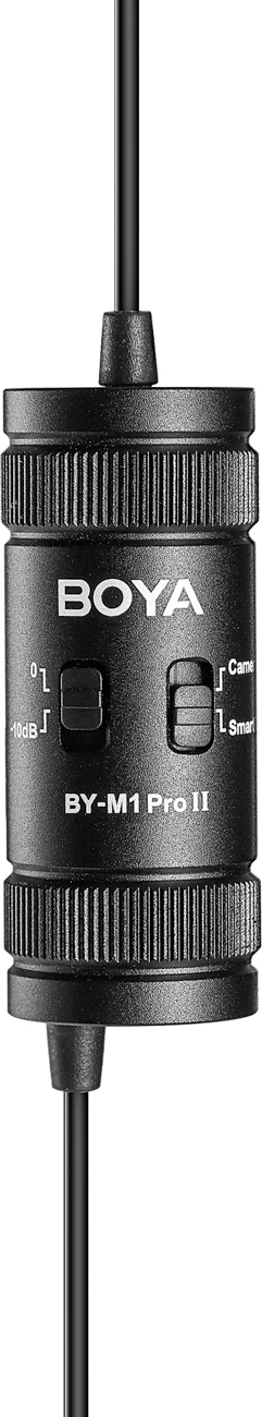 Mikrofon lavalier i lidhur BOYA BY-M1 Pro II, 3.5mm TRRS, kabllo 6 m, me monitorim, i zi, set me klip dhe mbrojtës ere