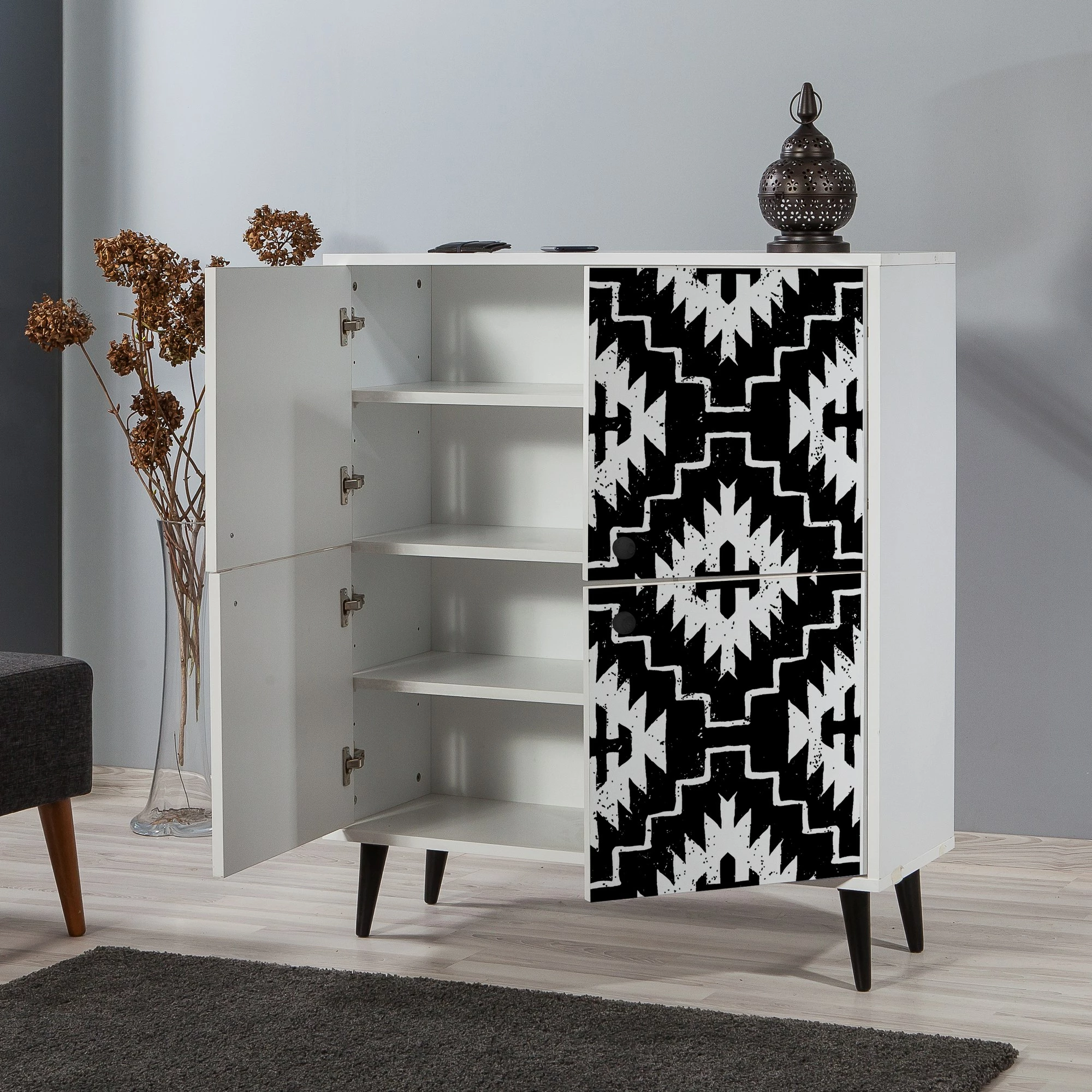 Dollap multifunksional Hanah Home, Multilüx Swan, ngjyrë bardhë/zi, model abstrakt, 95x111x36 cm