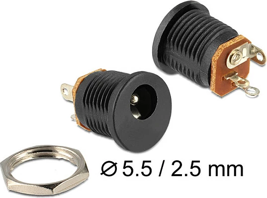 Prizë DC DeLOCK 5.5 x 2.5 mm, femër panel-mount, e zezë