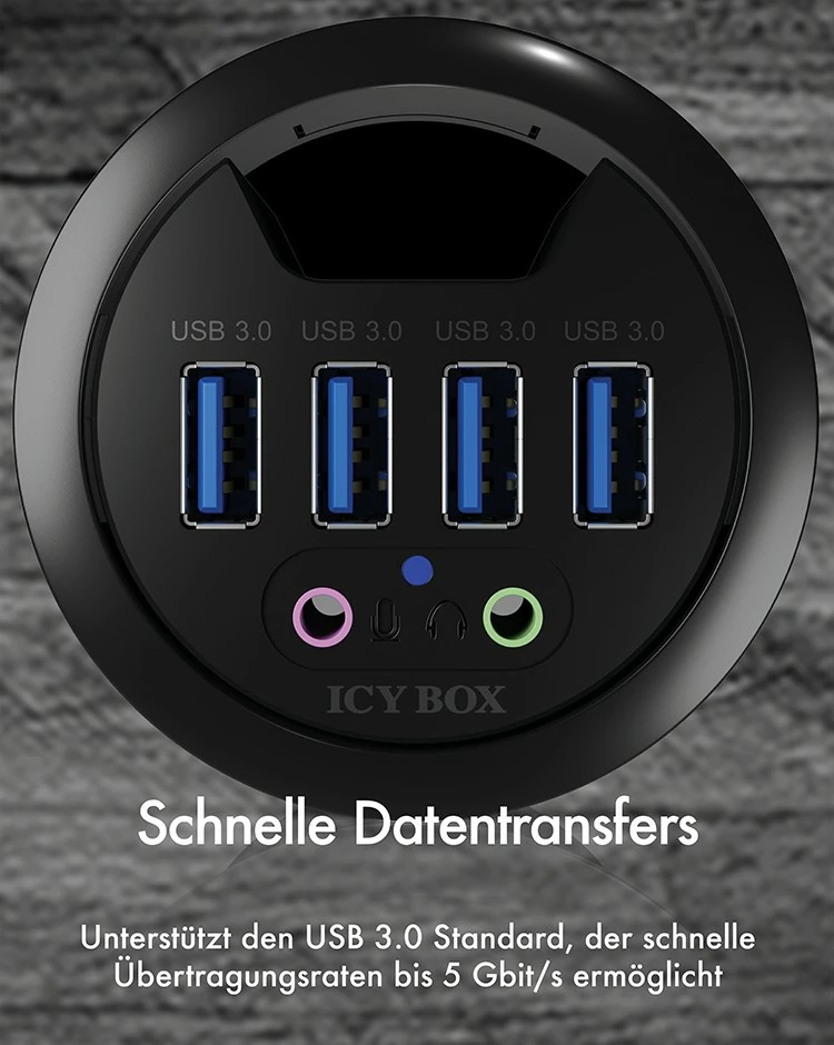 USB hub ICY BOX IB-HUB1403A, 4 porta USB 3.0, audio in/out, plastikë, e zezë