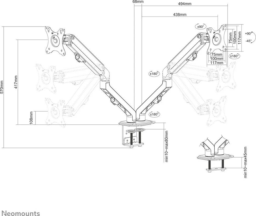 Krah monitori Neomounts FPMA-D650DBLACK, për 2 monitorë, 17-27 inç, rregullim lartësie me gas spring, ngjyrë e zezë