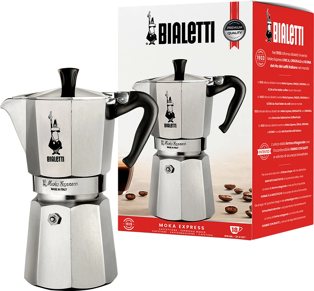 Moka pot Bialetti Moka Express, 18 filxhanë, alumin, argjendtë/zi
