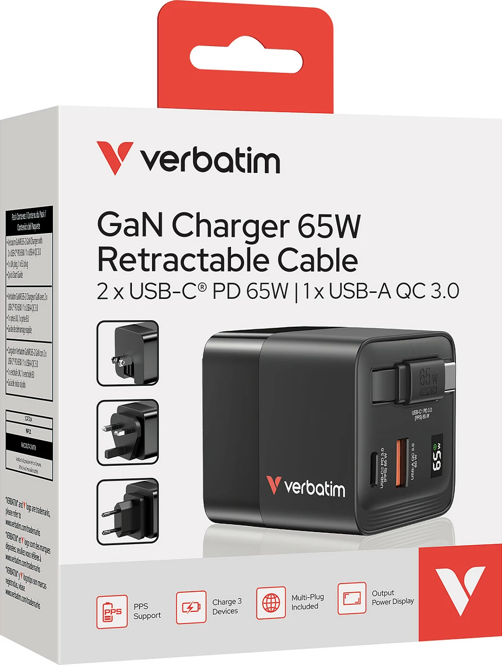 Karikues Verbatim GaN 65W, 2 porta USB-C PD/USB-A QC, kabllo e tërheqshme, EU/UK/US, i zi