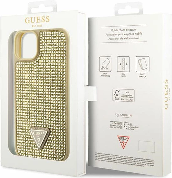 Mbështjellës Guess Rhinestone Triangle për iPhone 14 6.1", hardcase, ari