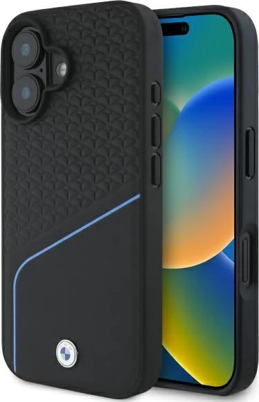 Mbështjellës BMW Sign Leather Textured And Line MagSafe për iPhone 16, Lëkurë, Zi