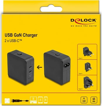 Karikues USB-C DeLOCK 65W GaN, 2x USB Type-C PD 3.0, adapter EU/US/UK, i zi
