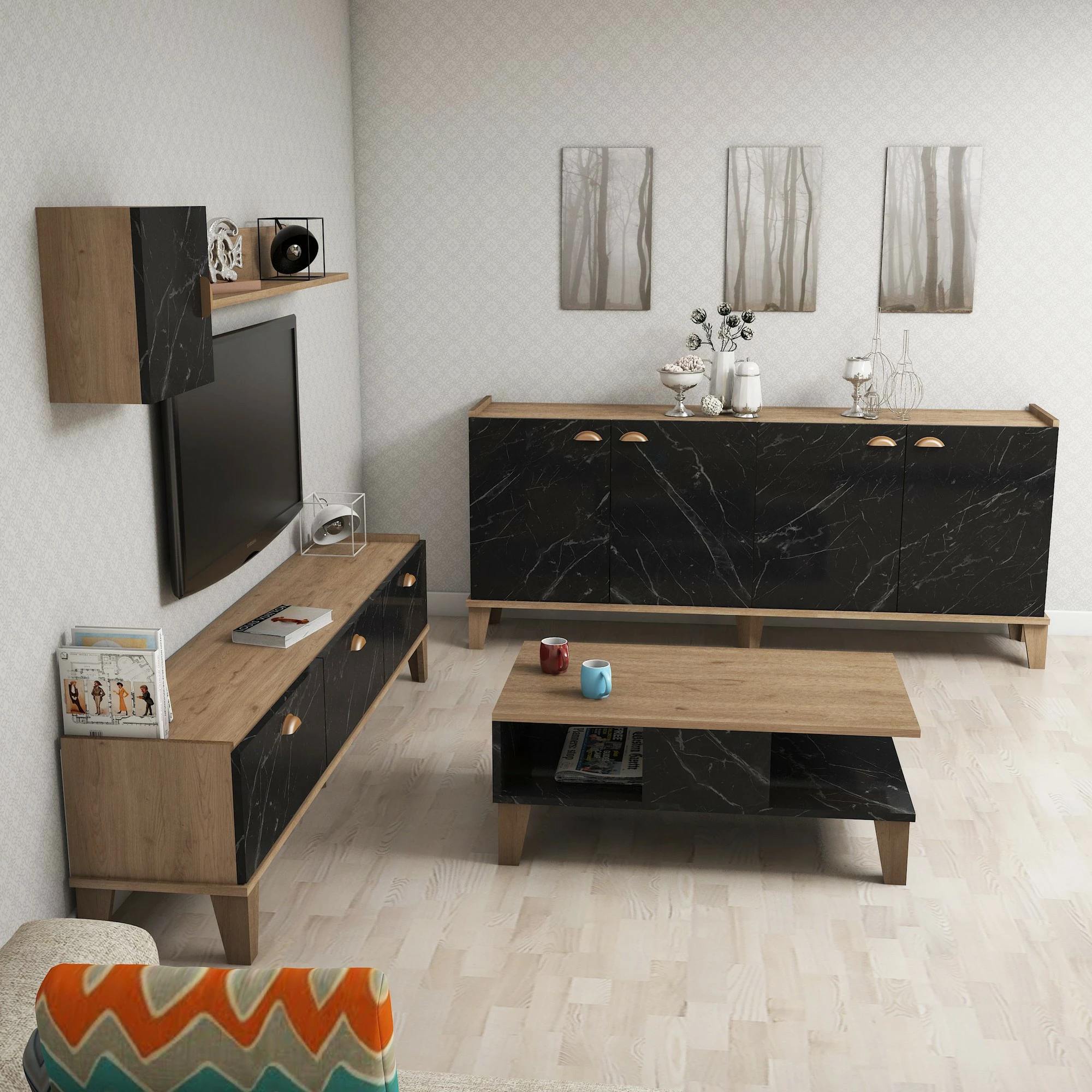 Set mobiljesh për dhomë dite, ngjyrë lis dhe mermer, Skye Decor, Sumer 2