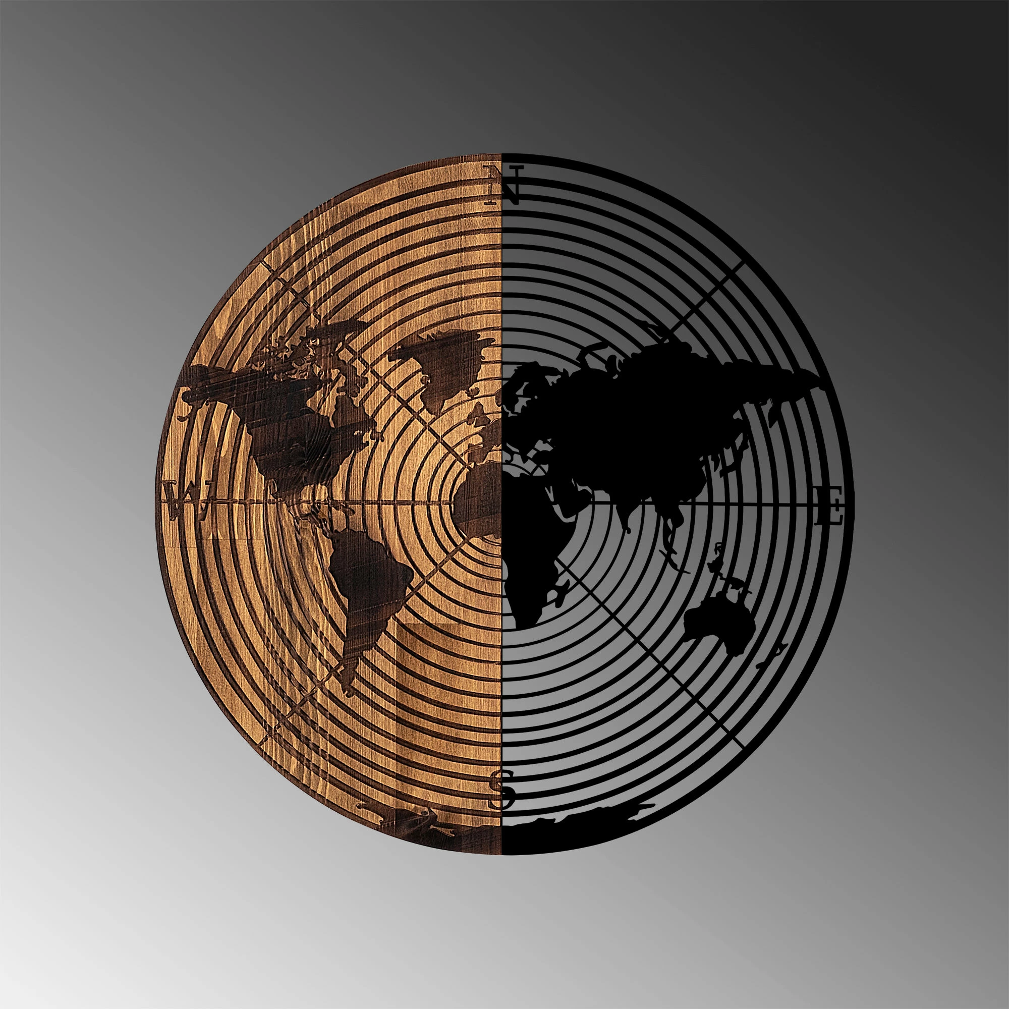 Aksesor dekorativ muri prej druri, hartë bote, Wallity, 321, ngjyrë e zezë dhe arre, Ø56cm